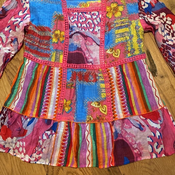 Calessa Fiesta Patchwork Print Boho Hippie Festival Square Neck Top Sz SMALL - Picture 3 of 11